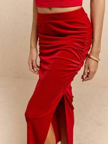 Poéselle Women's Red Velvet High Waisted Pleated High Slit Long Skirt, Party Ladies Skirt, Velvet Long Skirt, Party Skirt, Halloween Skirt, Easy Chic Essentials, Basic Bottom Long Skirt, Autumn Skirt, Winter Skirt, Autumn Women's Clothing, Bridgerton