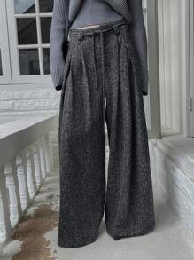 Livesso 宽松商务休闲阔腿裤，带口袋和腰带，女士秋冬款 - 黑色 - 查看 2