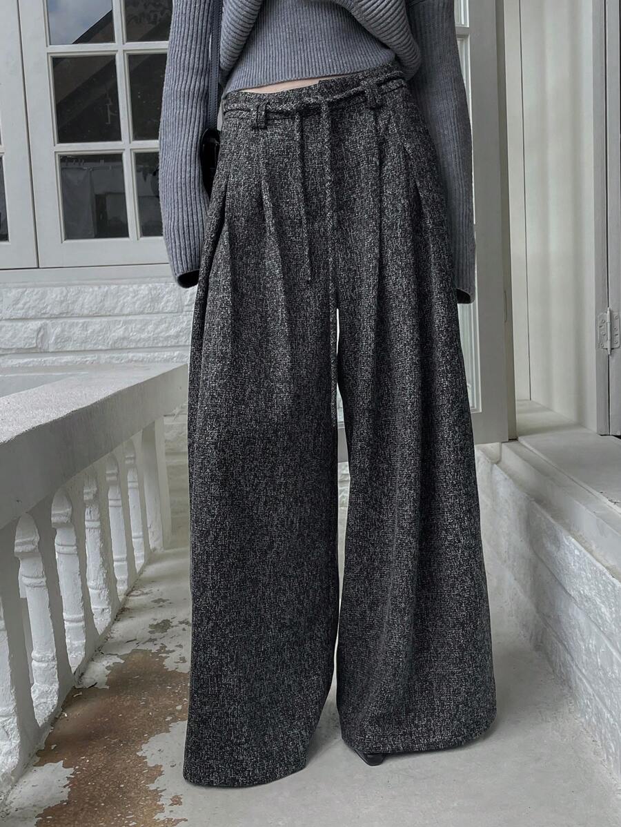 DAZY Loose-Fit Business Casual Wide Leg Pants With Pockets & Belt, For Women Fall/Winter - Black - View 1