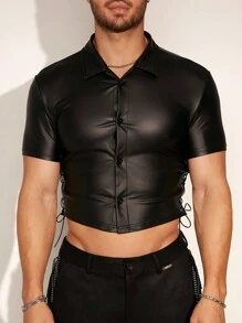 FeverCity Men's Elastic Side Eyelet-Tie Form Fitting Short Shirt - Black - View 2