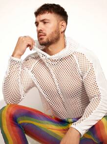 FeverCity Men's Loose Fit Mesh Panel Hoodie, Long Sleeve Short Style - White - View 4