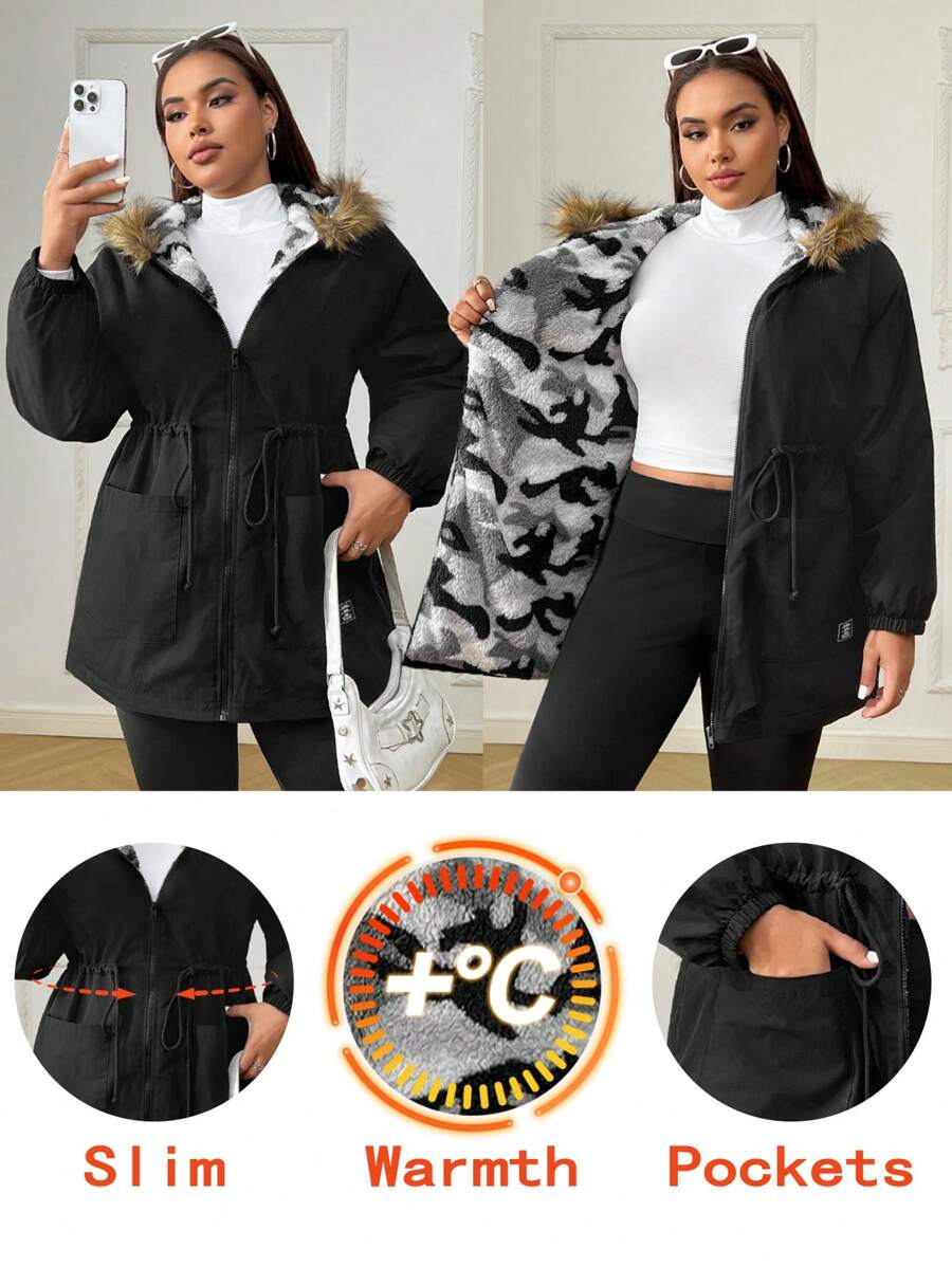 SHEIN EZwear 大码女式冬季保暖连帽夹克，带拉链、口袋和迷彩细节，适合户外休闲穿着