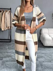 Chiquease Áo khoác cardigan dài chắp vá màu sắc thường ngày cho nữ, mùa thu đông - Nhiều màu - Xem 4