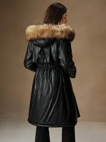 Anewsta 1 件女式长款连帽收腰休闲闪亮蓬松派克大衣，冬季