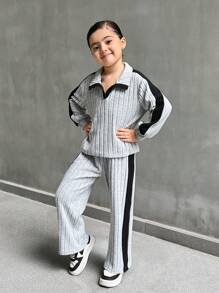 SHEIN Explorewe 2 件套年轻女孩灰色和黑色撞色上衣和裤子，时尚休闲百搭，适合春季、秋季、冬季 - 灰色 - 查看 7