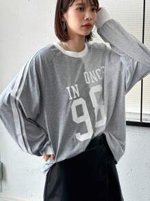 FRIFUL Áo thun nữ tay dài cổ tròn rộng rãi in chữ, thời trang xuân/hè, thu - Xám - Xem 1