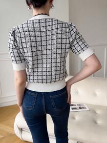 Modelyn Blusa casual con botones delanteros, manga corta, color liso y parches para mujeres - Blanco y Negro - Ver 4
