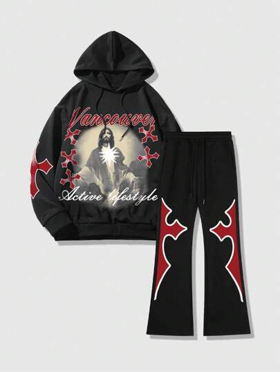 Street Life 2pcs/Tracksuit Set Men's Spring & Autumn Casual Person & Cross & Letter Print Hooded Sweatshirt And Sweatpants Suit