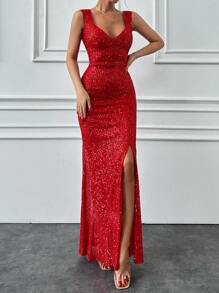 EURMUSE Vestido largo ajustado con lentejuelas brillantes para fiesta de graduación - Rojo - Ver 6