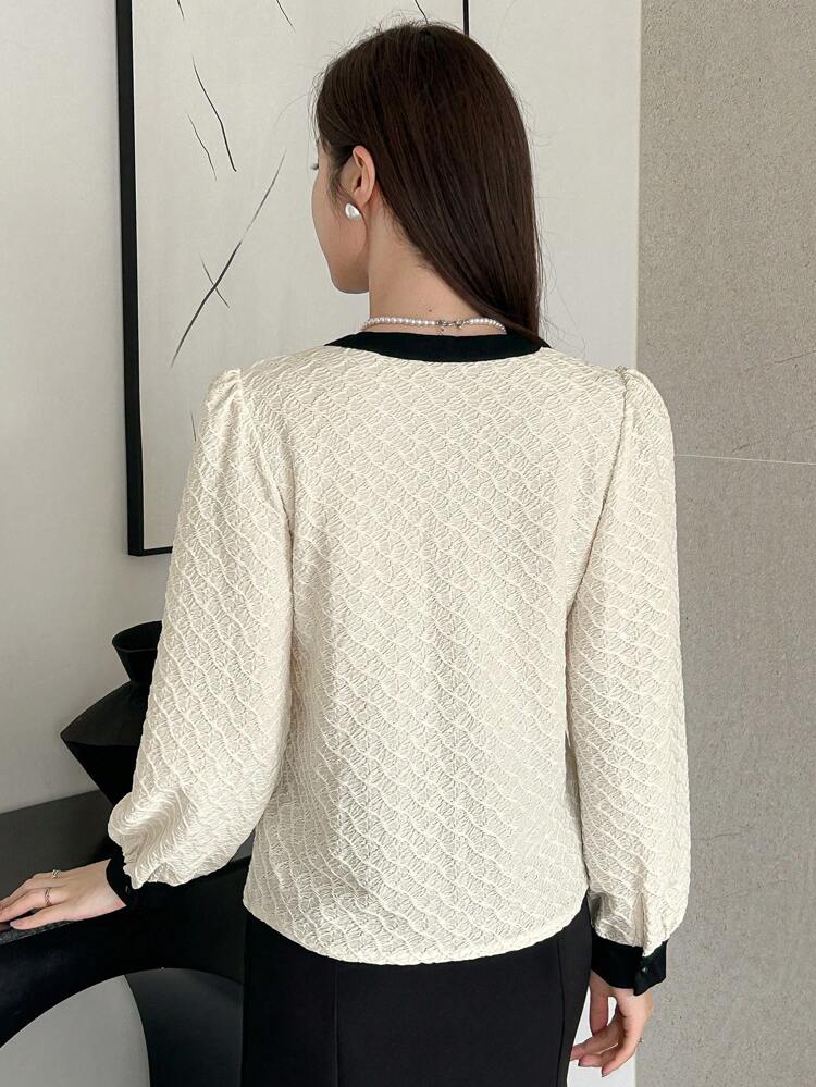 Women's Contrast Color V-Neck Textured Long Sleeve Top,Fall Clothes