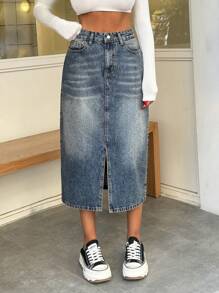 EURMUSE 100% Cotton WOMEN MID WAIST SLASH DETAIL MIDI SKIRT - Medium Wash - View 1