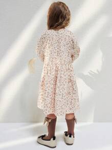 Blossori 年轻女孩法式优雅米色迷你花卉编织宽松圆领长袖连衣裙，秋冬 - 白色 - 查看 2