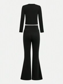 2sets Tween Girl Basic Grey & Black Long Sleeve Knit Top & High Waist Flare Knit Pants Sets