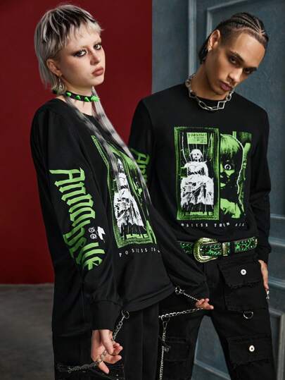 ANNABELLE x SHEIN Unisex 1pc Casual Dark Punk Style Horror Character & Letter Print Long Sleeve T-Shirt, Fall