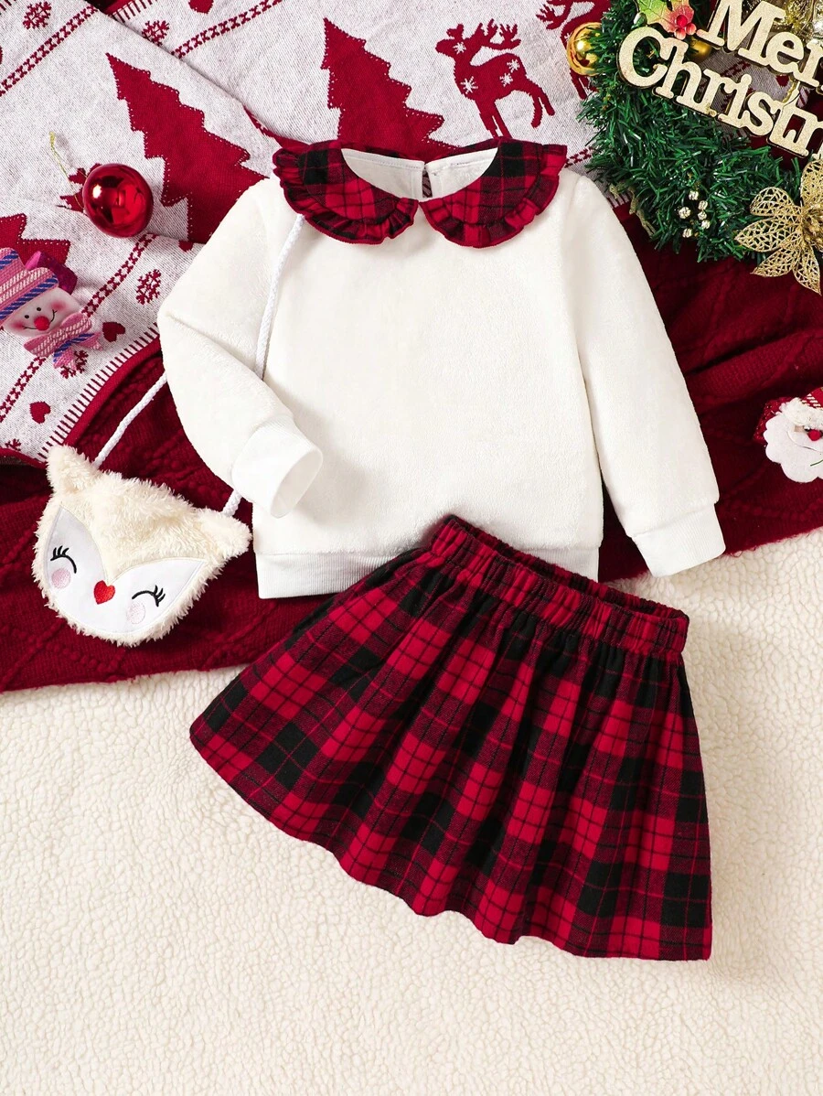 3er-Set süßer Baby Mädchen Outfit: Farbblock karogemusterter Kragen Flanellwarm Top + karierter plissierter Rock + Cartoon bestickter Beutel, modisch für Herbst/Winter, für Weihnachten