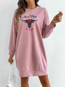 SHEIN LUNE Women's Crew Neck Long Sleeve Letter Pattern Minimalist Sweatshirt, Casual Daily Wear Pullover Fall Outfit - Multicolor - View 1