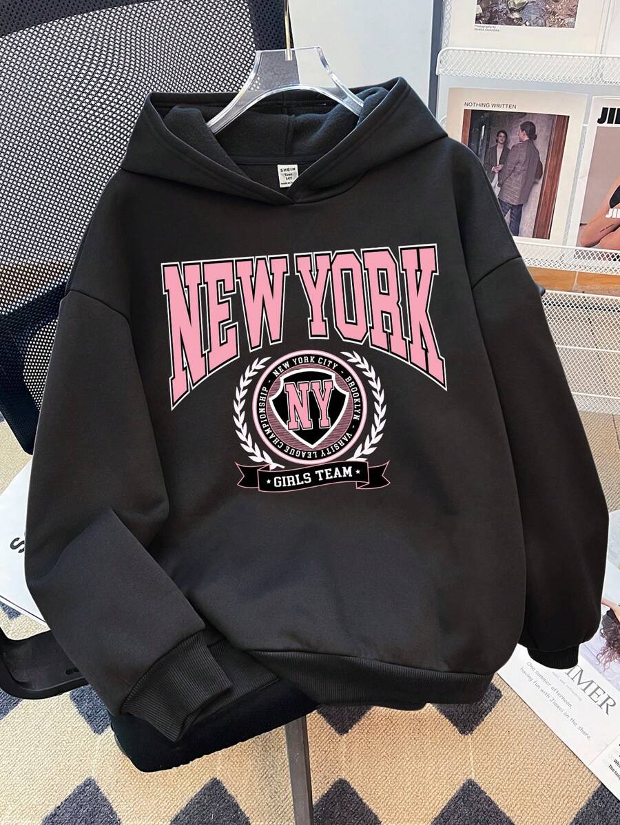 SHEIN Tween Girls American College Style Graphic Print Thick Fleece Sweatshirt, Suitable For Autumn And Winter, Pink Pattern Print - Black - View 1