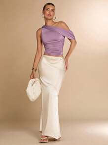 SHEIN BAE Women's Solid Color Asymmetrical Neck Ruched Fitted Blouse, Summer - Dusty Pink - View 1