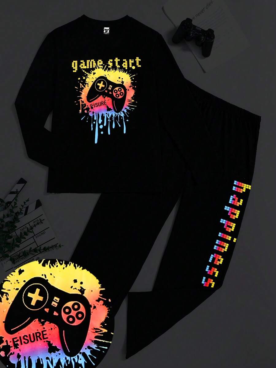 SHEIN Leap Crew 2 件青少年男孩宽松视频游戏控制器印花长袖上衣和字母印花裤休闲睡衣套装