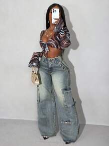 Slaydiva 前扣多口袋破洞下摆休闲牛仔裤