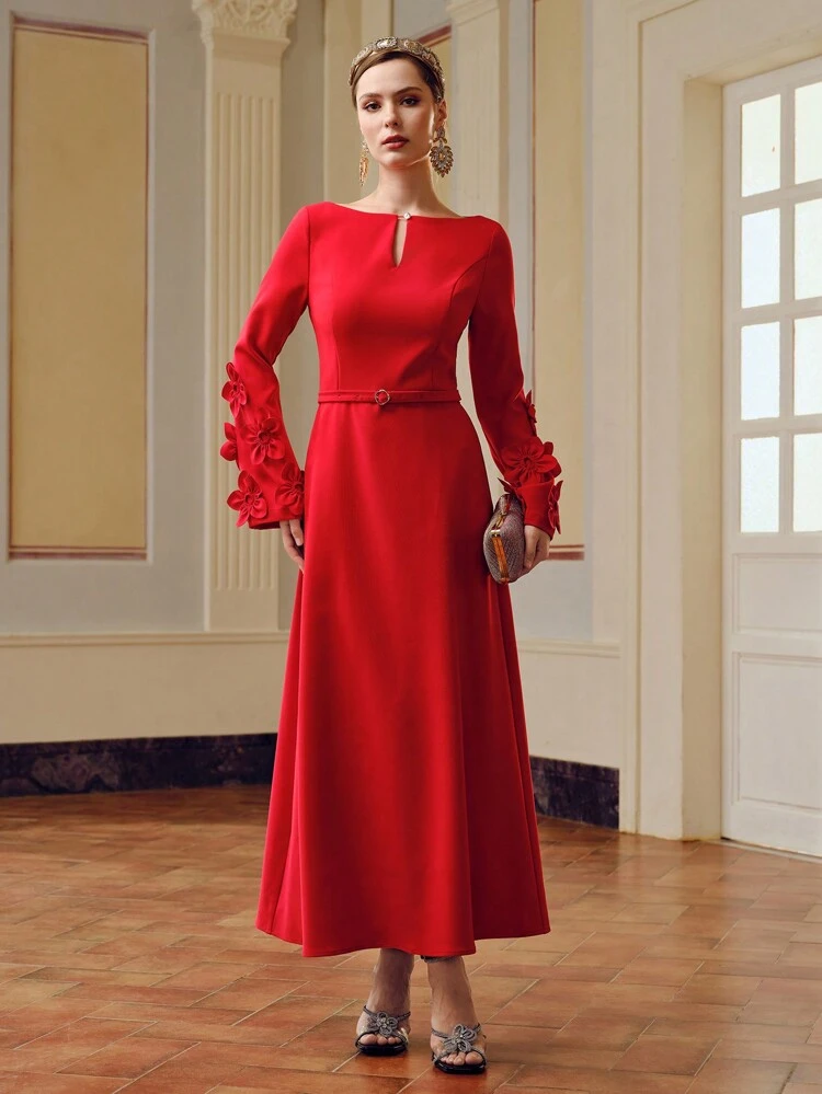 ZEYLAH KEYHOLE NECK STEREO FLOWER BELL SLEEVE BUCKLE BELTED LONG DRESS