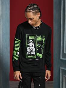 ANNABELLE x SHEIN 男女款单件休闲暗黑朋克风格恐怖人物和字母印花长袖 T 恤，秋季 - 黑色 - 查看 7