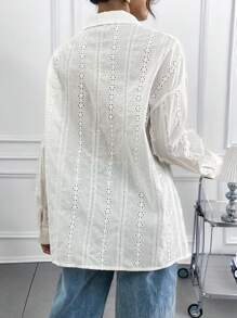 SHEIN Essnce Blusa de manga larga con calado blanco para mujer, blusa formal de oficina con cuello cisne de malla sexy