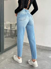 RueChic 100% Cotton HIGH RISE RIPPED MOM FIT JEANS - Medium Wash - View 2