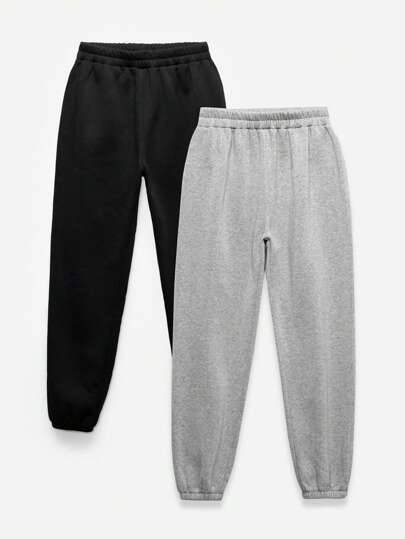 Comfortcana 2 piezas Conjunto de pantalones jogger con cintura elástica de unicolor para mujer
