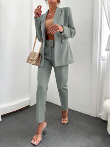 EURMUSE 女士休閒商務實色披肩領外套＆長褲套裝 - 薄荷綠 - 查看 4