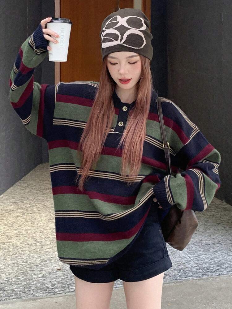 Striped Drop Shoulder Polo Neck Sweater,Long Sleeve Tops Fall
