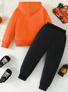 2pcs/Set Young Boy Long Sleeve Skeleton Print Hooded Top And Pants - Multicolor - View 2