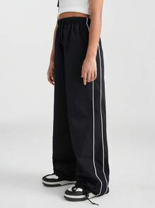 SHEIN  Tween Girls Clothes Black Pants Back To School Clothes Clothes Mommy And Me Garphic Vintage Kpop Navy Bluewide Leg Sweatpants Football/Volleyball Thanksgiving Halloween Costume Christmas Sweatpants Spring/Fall/Winter - Black - View 3