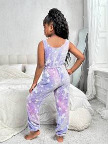 SHEIN 2 piezas Conjunto de parte superior sin mangas y pantalón de estar en casa con estampado animal de diseño sencillo de polar para niñas preadolescentes, otoño/invierno