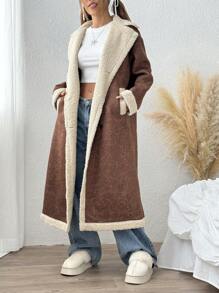 SHEIN EZwear Women's Winter Contrast Color Thermal Lined Long PU Leather Jacket - Brown - View 1