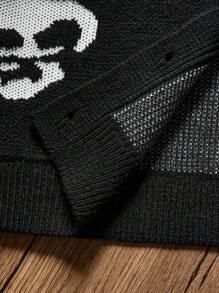 SHEIN CURVE+ 大码休闲朋克黑暗万圣节骷髅针织开衫 - 黑色 - 查看 8