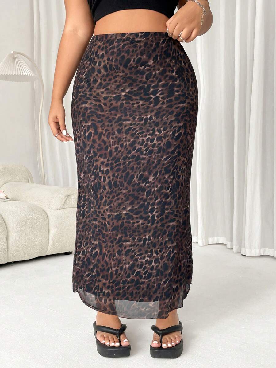 SHEIN EZwear Plus Size Vintage Leopard Print Mesh Maxi Skirt - Chocolate Brown - View 1