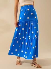 CAJUNI Women's Sun Print, Blue Patchwork Skirt, Summer Skirt For Leisure Beach