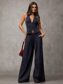 SHEIN BAE Áo blazer nữ cổ chữ V buộc dây màu trơn, kiểu dáng thường ngày, gợi cảm, phong cách công sở cổ điển, trang phục giáo viên mùa thu, trang phục công sở mùa thu. - Màu xanh hải quân - Xem 7