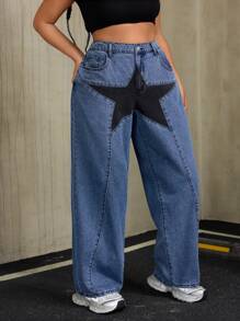 SHEIN ICON Plus Size Women Pocket Pentagram Graphic Wide-Leg Loose Casual Denim Jeans
