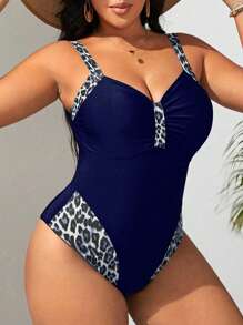 SHEIN Swim Curve Plus Leopard Print Ruched Bust One Piece Swimsuit,Summer Beach - Navy Blue - View 4