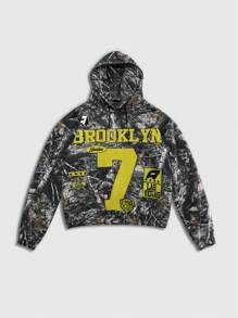 ROMWE MEN Street Life Men's Spring And Autumn Tree Branch Letter Print Hooded Casual Sweatshirt With Drawstring - Multicolor - View 1