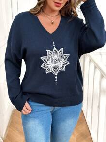 SHEIN LUNE Pulover cu mânecă lungă, cu decolteu în V, cu imprimeu floral, pentru femei de mărime mare, toamnă - Albastru marin - Vizualizare 1