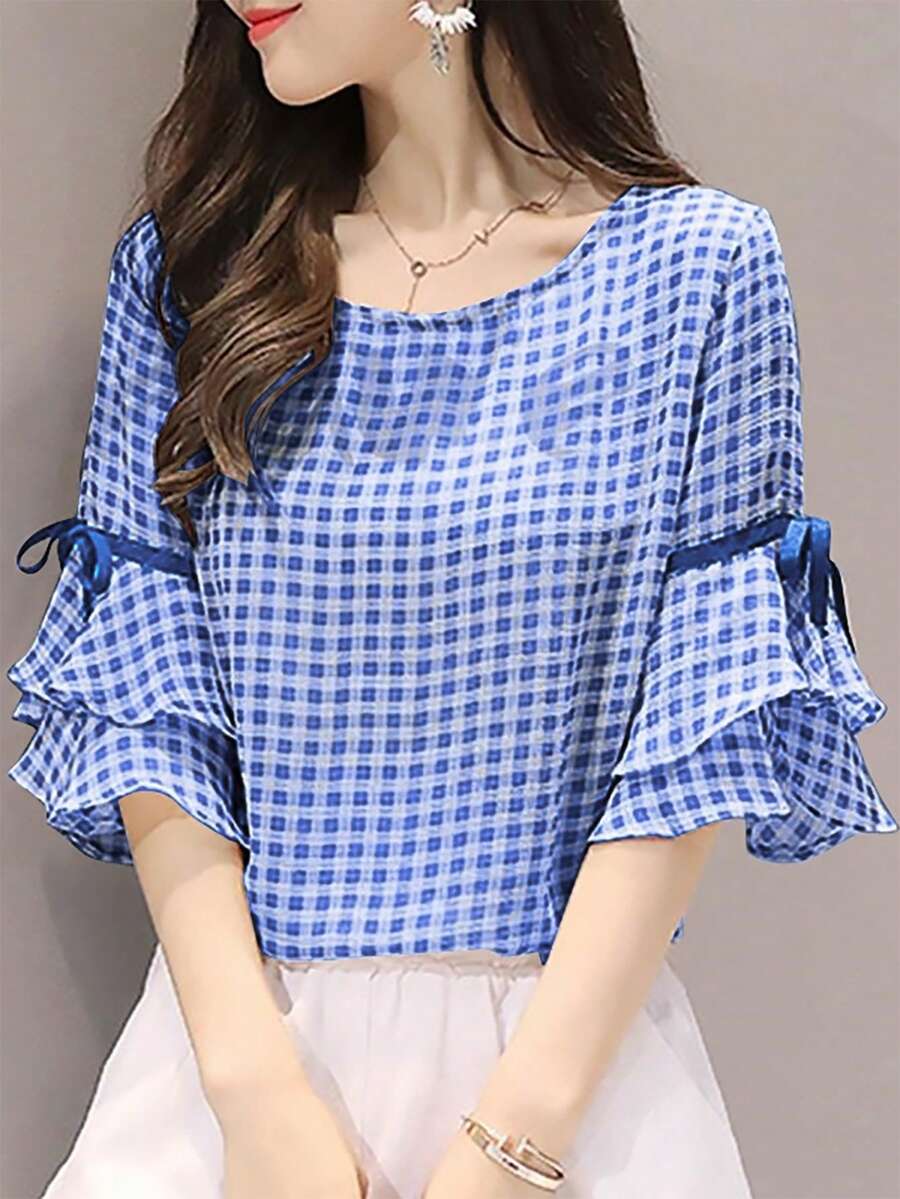 女士夏季格子圆领喇叭袖宽松休闲衬衫 - 藍白色 - 查看 1