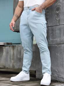 Manfinity Homme Men's Plus Size Casual Washed Ripped Tapered Jeans, Plain Light Jeans Slim Fit Long Baby Blue Washed Cargo Jeans, For Husband, Boyfriend Gifts - Blue - View 7