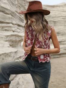 GENKIRA Chaleco/chaqueta de cuello redondo con decoración de bordado y bloques de color en un estilo elegante y aleatorio para el diario - Burdeos - Ver 5