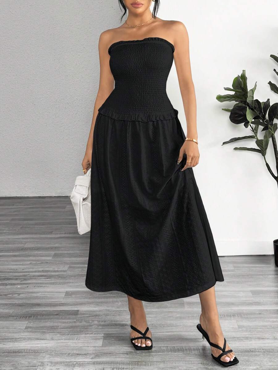 SHEIN Essnce 女士休闲波西米亚风厚重工作褶皱露肩连衣裙，夏季，长裙 - 黑色 - 查看 1