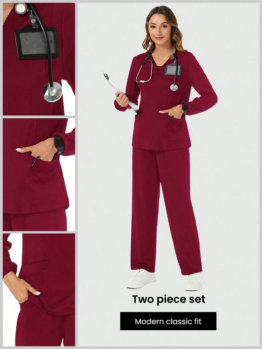 TaskEZ 勃艮第红色女士哑光制服手术套装，宽松哑光 V 领长袖弹力袖口上衣和弹力腰部 2 口袋哑光裤子，冬季哑光工作服 - 酒紅色 - 查看 1