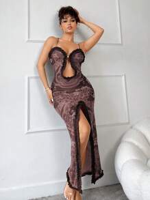 SHEIN SXY Sexy Ruched Ruffle Hem Floral Printed High Slit Sleeveless Dress With Elastic Mesh Fabric See-Through Outfit - Chocolate Brown - View 3