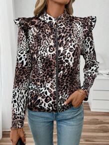 SHEIN LUNE Women's Leopard Print Patchwork Ruffle Hem Zipper Front Long Sleeve Jacket Fall Cloth For Women - Khaki - View 5